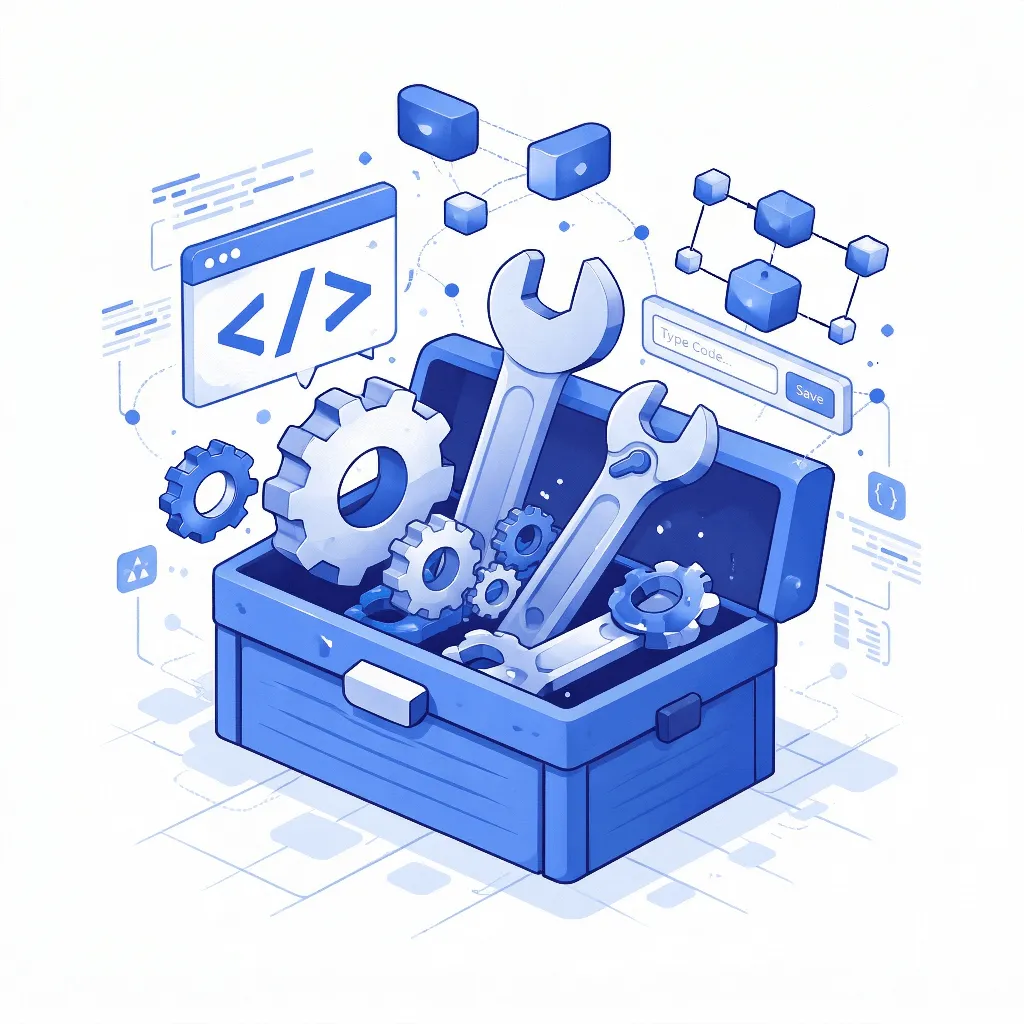 Abstract illustration of a developer toolkit with gears, wrenches and code brackets